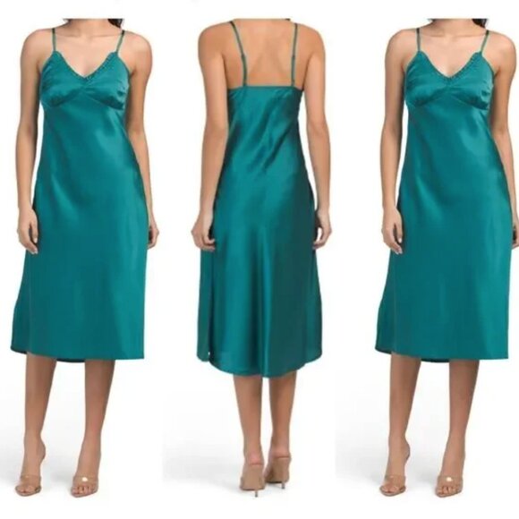 Japna Emerald Green Satin Slip Dress Small Spaghetti Strap Midi Ruffle Trim - Picture 1 of 2
